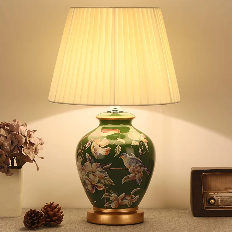 Chinese rural green flower&ampbird ceramic Table Lamps European dimmer touch switch fabric E27 LED lamp for bedside&ampfoyer MF025 | Лампы и