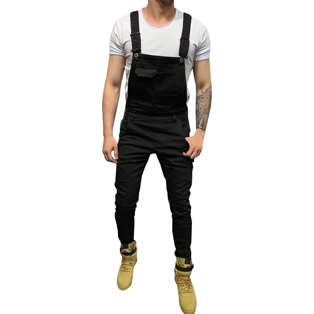 Mens Pocket Jeans Overall Jumpsuit Streetwear Overall Suspender Brim Bolso Geral Streetwear Gerais Suspende Pants