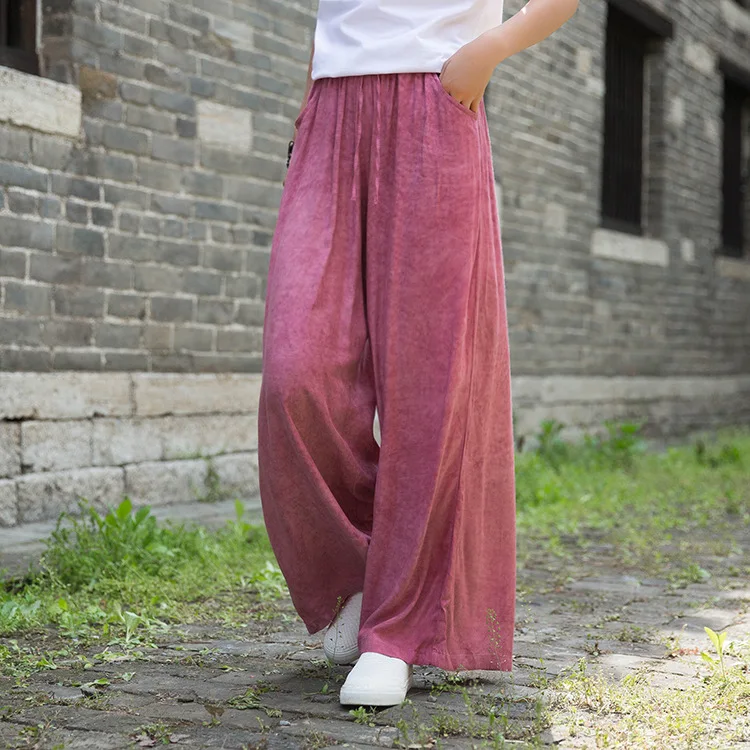 Johnature 2020 Autumn New Full Length Retro Elastic Waist Tie Dye Wide Leg Pants Loose Comfortable All-match Women Lace Up Pants
