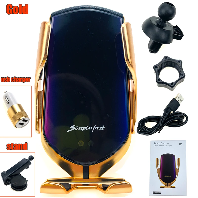 Gold full kit R1 автоматическое зажимное 10 Вт автомобильное беспроводное зарядное устройство инфракрасная индукция Qi Беспроводное зарядное устройство Автомобильный держатель для телефона Серебряный/золотой - Тип штекера: Gold full kit