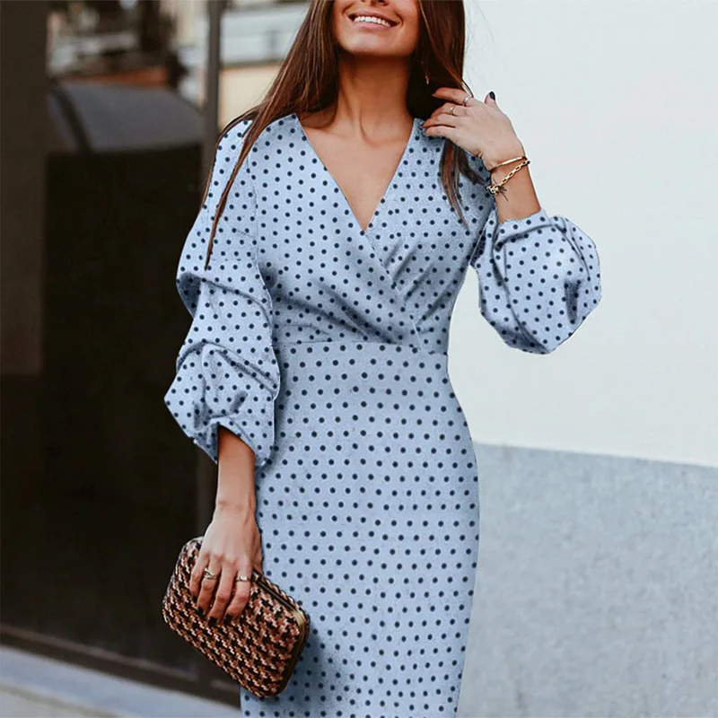 Polka Dot Bohemian Midi Dresses for Women Lantern Sleeve Spring Summer Beach Dresses Three Quarter Sleeve V Neck Party Vestidos