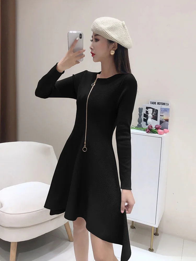 Fall 2020 Korean Style Short Dress Woman Fashion Zippers Slim Bottoming A-Line Long Sleeve Knit Dresses For Women Black Beige