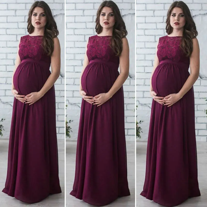 Модное кружевное платье для беременных Макси-платье для фотосъемки новая одежда - Цвет: Wine Red Sleeveless