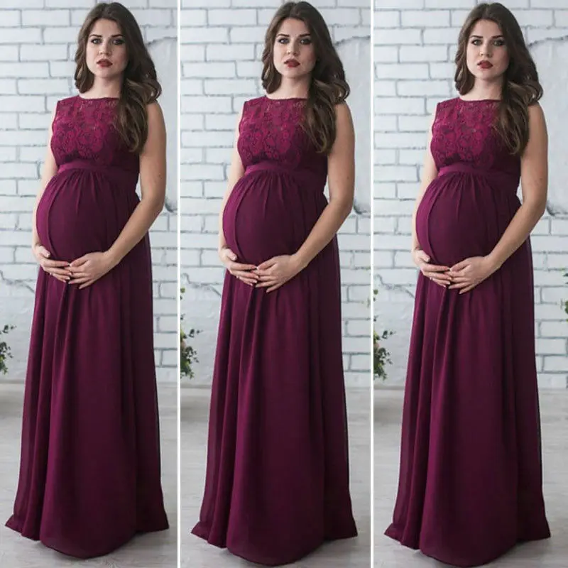 Wine Red Sleeveless Модное кружевное платье для беременных Макси-платье для фотосъемки новая одежда - Цвет: Wine Red Sleeveless