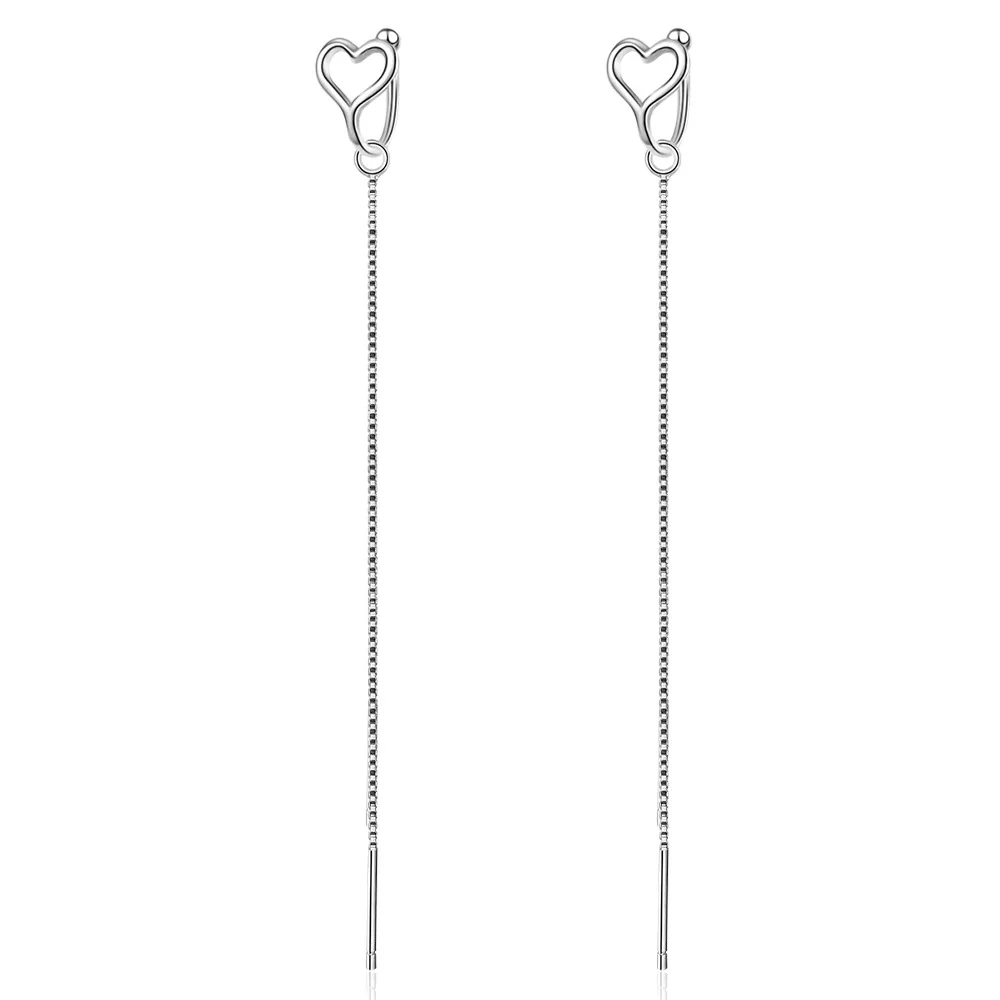 

Love Heart Long Chain Threader Drop Earrings For Women 925 Sterling Silver Cartilage Designer Fashion Trendy Jewelry Gift
