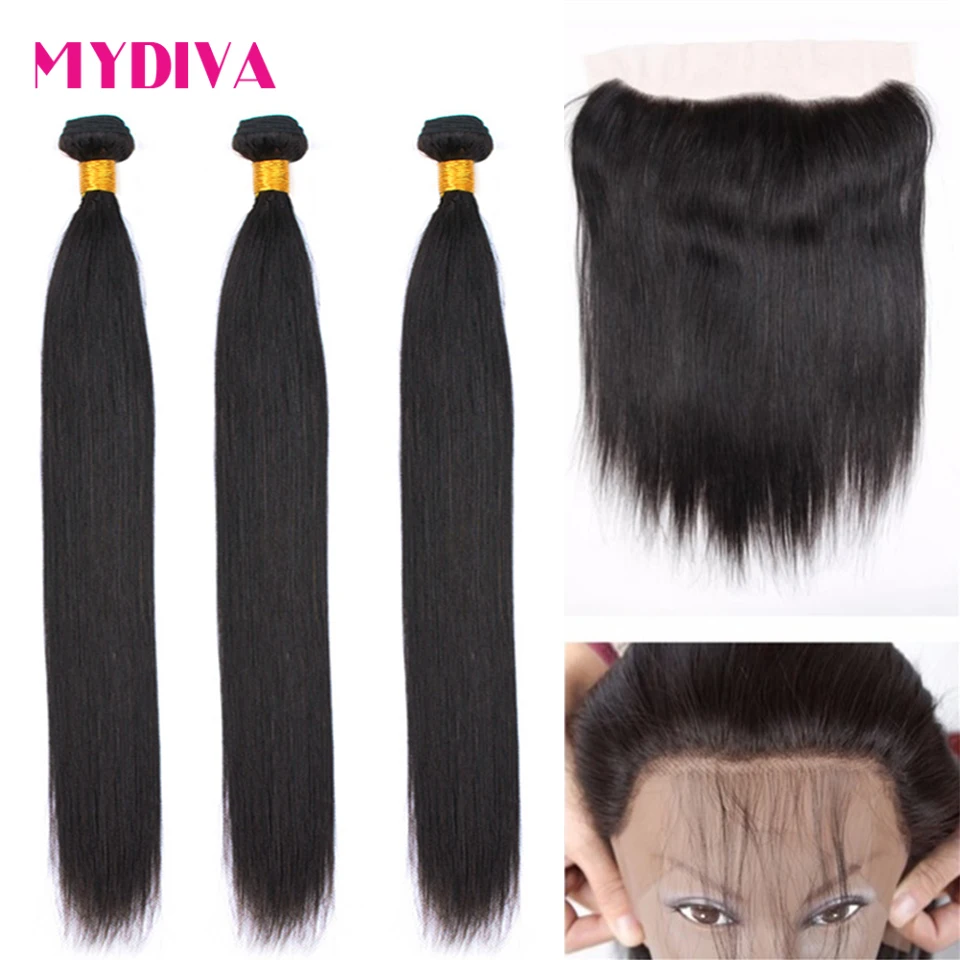 

Mydiva Brazilian Straight Human Hair 3 Bundles With Closure Non Remy Hair Weave Bundles With Lace Frontal 4 Pcs/Lot 10-26"