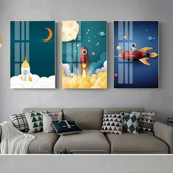 

Nordic modern children's room decoration painting cartoon hanging painting astronaut planet universe mural living room