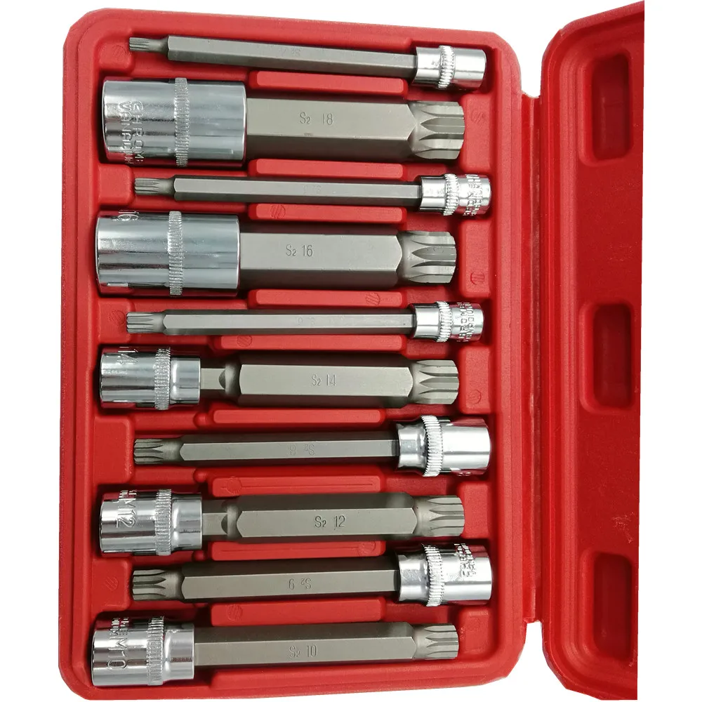 10pc 4 Inch Extra Long XZN Triple Square Spline Bit Socket Set Chrome Vanadium Socket Wrench S2 Bit Car Repair tool set