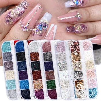 

12 Colors Nail Sequins Glitter Rose Gold Powder Pigment 3D Hexagon Flakes Chrome Holographic Nail Art Decorations Manicure TRF