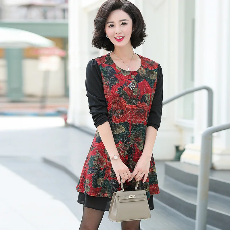 

Mom Long-sleeved Dress Middle-aged WOMEN'S Apparels Fashion Elegant Printed Base Shirt 40-50-Year-Old Fall And Winter Clothes Ne