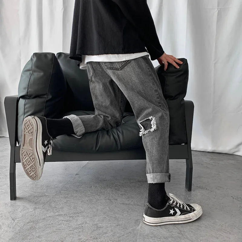 

2020 Spring And Autumn New Youth Popular Couple Fit Slim Jeans Fashion Casual Solid Color Straight Pants Blue / Black M-2XL