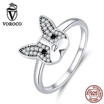 

VOROCO Genuine 925 Sterling Silver Jewelry French Bulldog Cute Puppy Dog Ring Pet Anniversary Gift Jewelry for Women BKR612