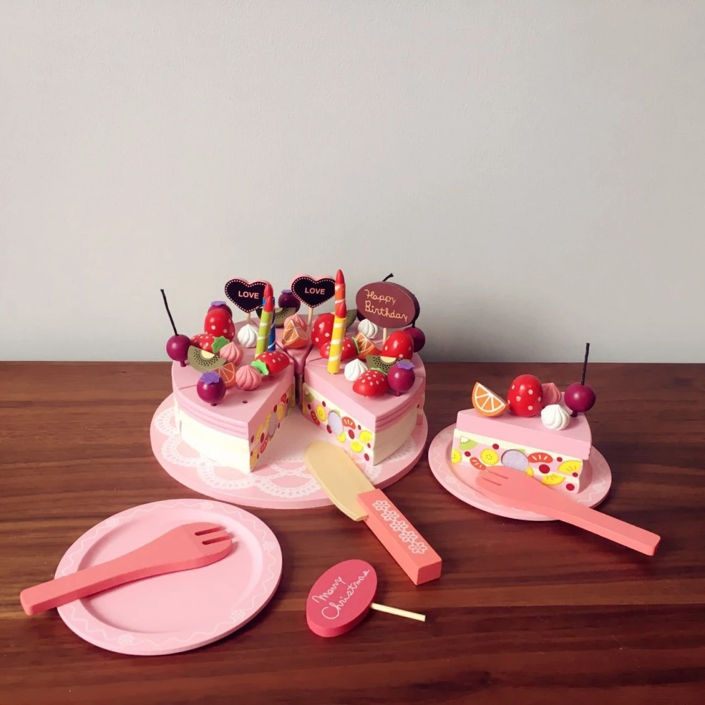 

Wooden Cake Model Cosplay Toy Strawberry Double Layer Cake Child Birthday Cake Model For Kid Educational Gift