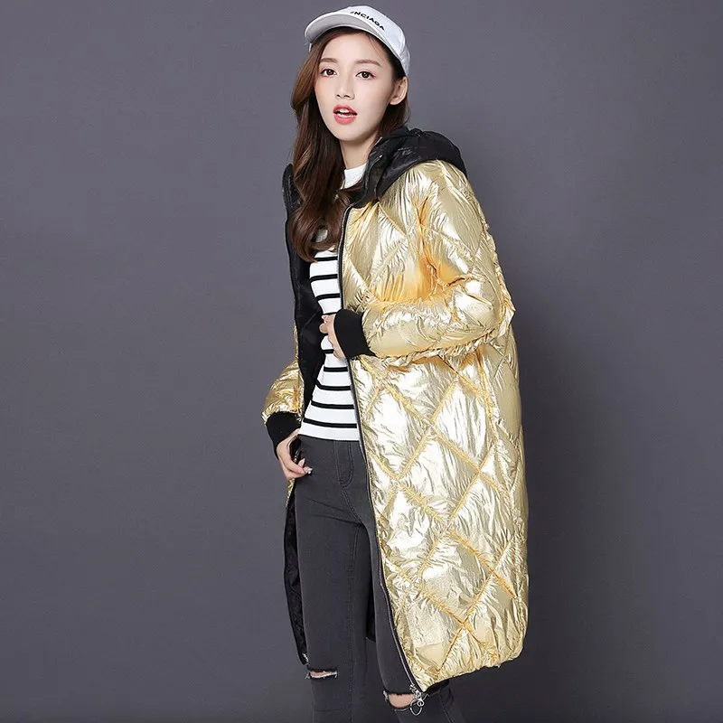 Kopen Mode Metalen Gouden Zilveren Heldere Capuchon Jas vrouwen Winter Warm Katoen Gevoerde Lange Parka Nieuwe Bomber Streetwear Parka