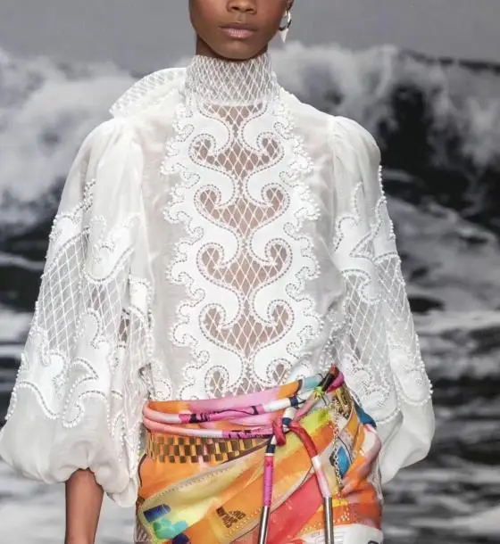 

2019 Autumn new arrive white lace blouse puff sleeve sexy hollow out women blouse&shirts beach holiday clothing