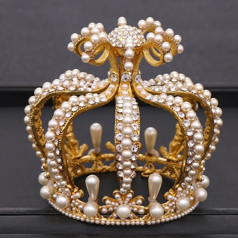 Свадебная Корона головной убор барокко корона с жемчугом и стразами Золотая круглая корона Королева Тиара Корона День Рождения Вечеринка свадьба аксессуары для волос