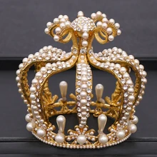 Свадебная Корона головной убор барокко корона с жемчугом и стразами Золотая круглая корона Королева Тиара Корона День Рождения Вечеринка свадьба аксессуары для волос