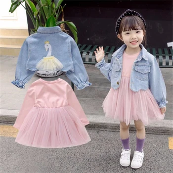 

Fashion Children Clothes Set 2020 New Kids Tulle Swan Dress Denim Jacket Two-Piece Suit Cute Baby Girls Dress Clothing Sets 1-5Y