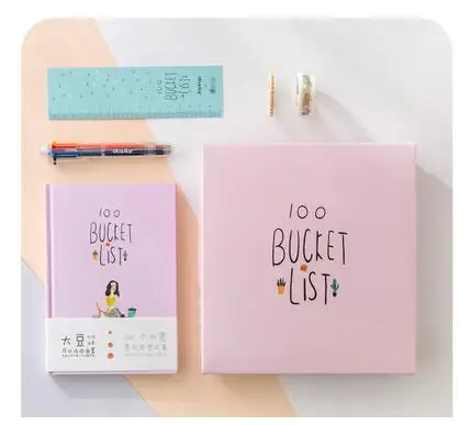 1 Set A5 Diary Planner Girl Student Cute Wishes Notebook Hard Cover Line Page, Washi Tape, 6 In 1 Color Pen, Ruler School Supply - Цвет: pink