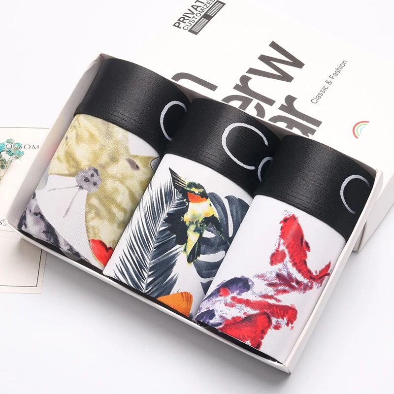 Gift box B 3 шт./партия, сексуальный прозрачный шелк, нижнее белье, мужские трусы-боксеры с цветочным принтом, мужские удобные трусики, боксеры, дышащие трусики - Цвет: Gift box B