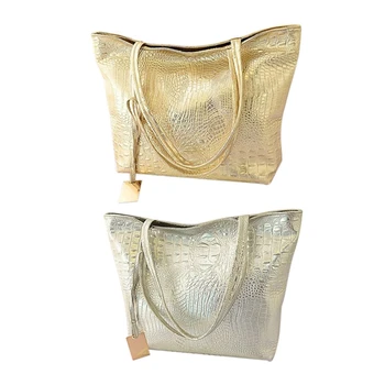

2pcs Shoulder Bags Casual Crocodile Women Big Tote Bag Ladies Handbags Bags for Women - Gold & Silver