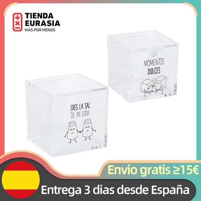 TIENDA EURASIA® Pack Salero y Azucarero Acrílico - Diseño Original Frases -  Medidas - 11 x 11 x 11 cm y 8 x 8 x 8 cm