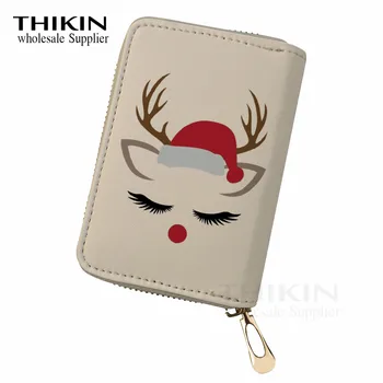 

THIKIN Christmas Moose Pattern Women Zipper Credit ID Card Holder Case Santa Claus Women Wallet Credit Card Small Coin Pocket