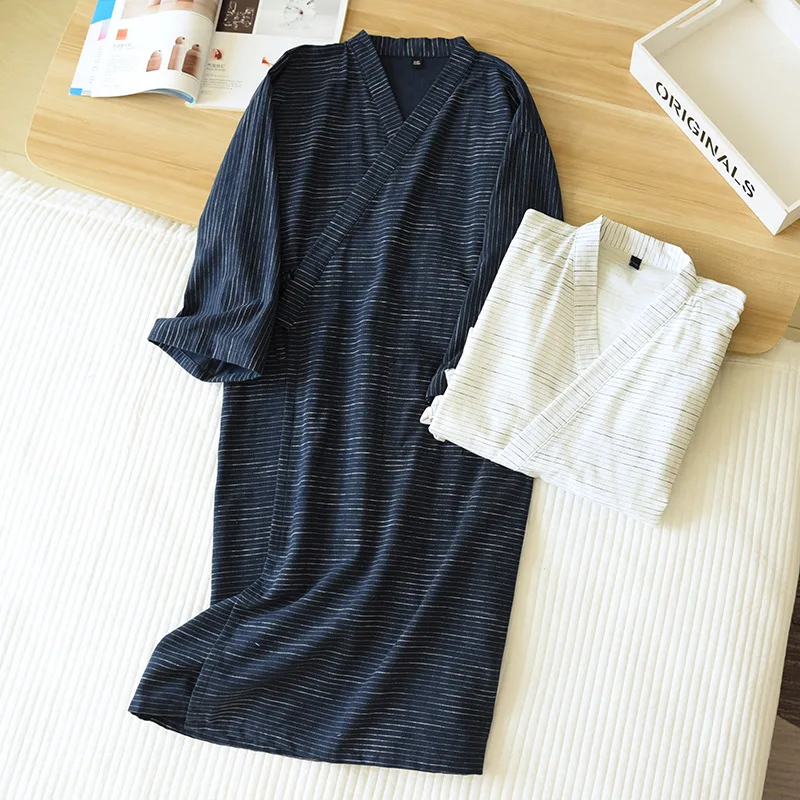 

Plus size Simple Striped kimono robes men summer Japanese long sleeved 100% cotton bathrobes plus size dressing gown men robe