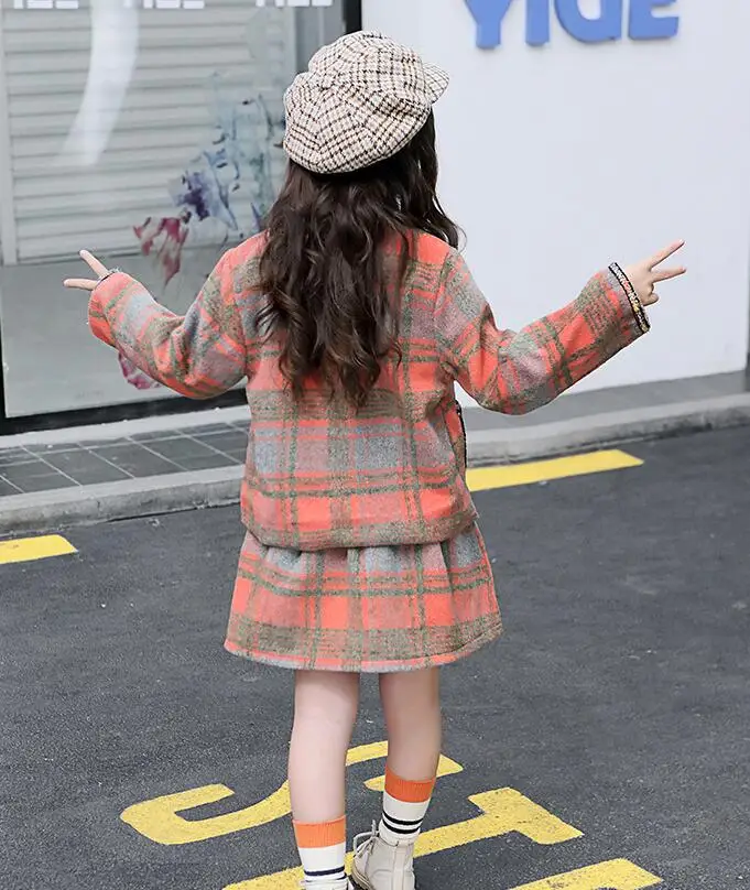 Осень-зима, комплекты для девочек, новинка года, Детские комплекты, пальто с длинными рукавами+ короткая юбка, шерстяные комплекты одежды для детей, 110-160 см