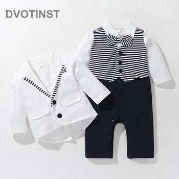 

Baby Boys Full Sleeves White Gentleman Rompers+Coat Outfits Set Tie Stripe Infant Wedding Jumpsuit Party Birthday Cloth Costume