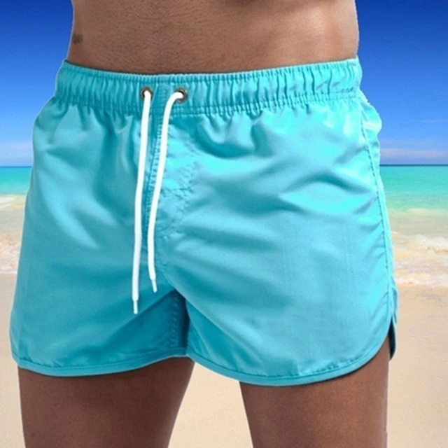 New Men's Summer Swimwear Solid Color Beach Board-shorts Swimsuits Running Sports Casual Breathable Homme Short Pants sky blue