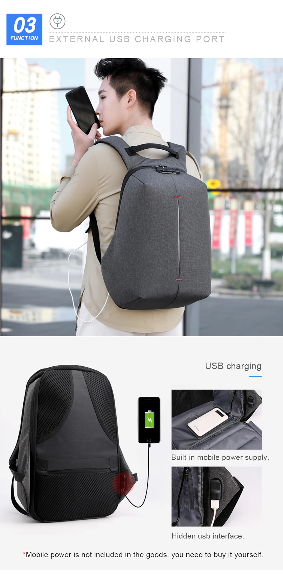 Laptop Backpack 15.6 Inch Notebook Back Pack Anti Theft Business Men Travel Bags Waterproof Male USB Charging Student Bagpack (5)