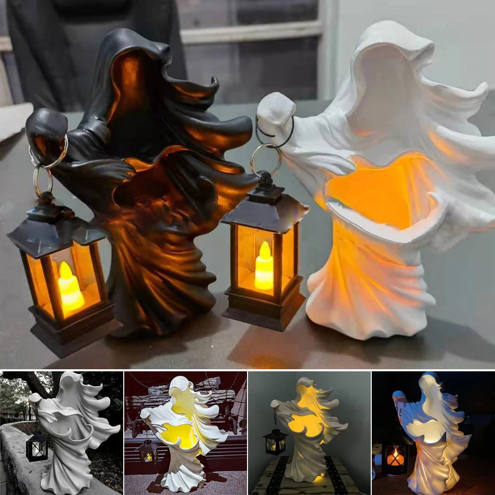 

1/2pc Halloween Scary Faceless Hell Messenger The Ghost Looking for Light Lantern Resin Statue Horror Witch Home Garden Decor