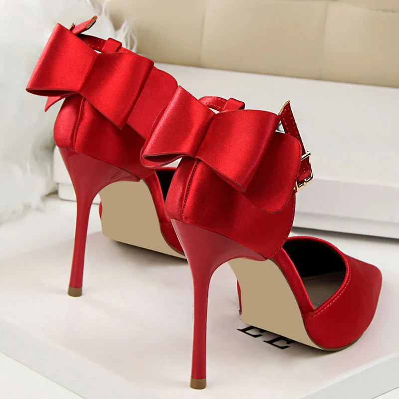 Beauty Shoes Stiletto Hollow Back Bow Sandals Korean Version of Sweet High-heeled Shallow Pointed Satin Butterfly Shoes Women PU