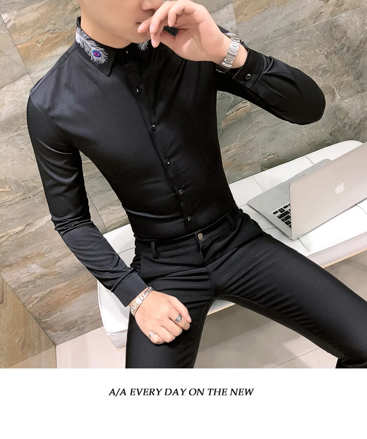Весенняя Корейская мужская рубашка с длинным рукавом Camisa Masculina, одноцветная модная мужская рубашка с вышитыми перьями, Camisa Homem, Черная