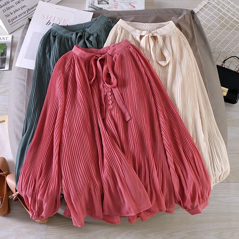 Женский шифоновый плиссированный пуловер с рюшами однотонный Свободный