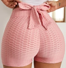 

Female Casual Bow Tie Textured Butt Lifting Sports Shorts For Women High Waisted Butt Lifting Elastic High Sports Shorts