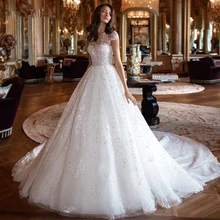 White Luxury Wedding Dress Long Sleeve Lace Ball Gown O-neck 3D Flower Bridal Dresses Court Train Custom Made Wedding Gown