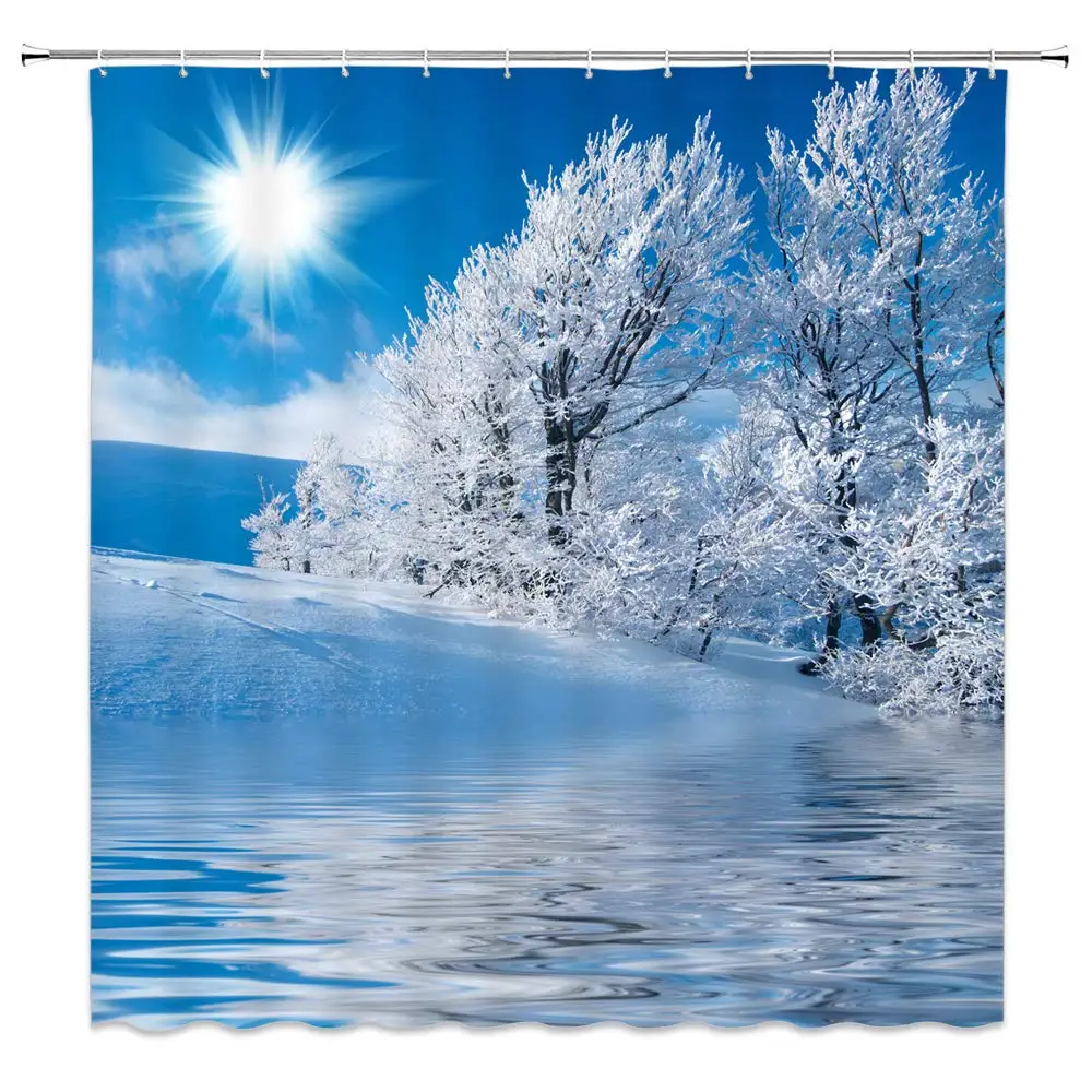 

Snow Tree Shower Curtain Decor Golden Sun White Snowfield Lake Bathroom Curtain 70 x 70 Inches Polyester Fabric Machine Washable
