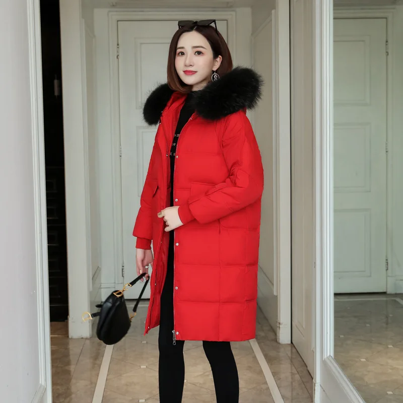 FICUSRONG модная Длинная зимняя куртка с капюшоном, женская теплая Толстая однотонная куртка с меховым воротником, пуховики на молнии - Цвет: Красный