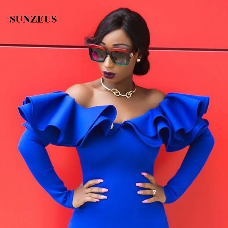 Sheath Off Shoulder Long Sleeves Prom Dress With Ruffles Knee Length Royal Blue Party Gowns Women Formal Dresses Gala Robe