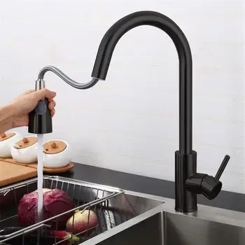 

Kitchen Faucets Silver Black Single Handle Pull Out Tap Hole Swivel 360 Degree Water Mixer