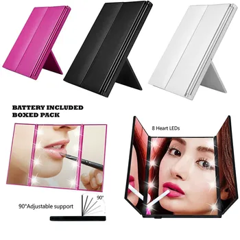 

Portable Folding Makeup Mirrors Adjustable Tri-Fold 8 LED Lights Professional Lighted Mirror Makeup Tools with Stand