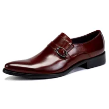 New Brand Slip On Mens Oxfords Buckle Genuine Leather Shoes High Quality Cow Leather Luxury Business Pointy Shoes