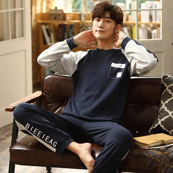 

Pajama men's autumn Pullover long sleeve cotton spring and autumn leisure suit men's pajamas autumn and Winter Youth cotton home