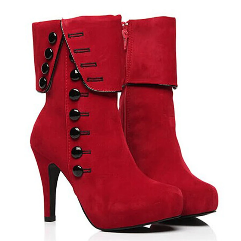 

Fashion Women Buttuon Ankle Boots High Heels Fashion Red Shoes Woman Platform Flock Buckle Boots Ladies Shoes Female