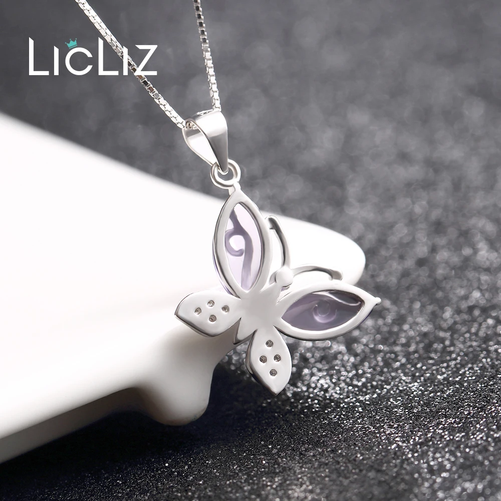 LicLiz, 925 пробы, серебряное ожерелье с бабочкой, Подвеска для женщин, ПАВЕ, циркон, сделай сам, красный, фиолетовый, кристалл, кварц, ювелирное изделие LP0243