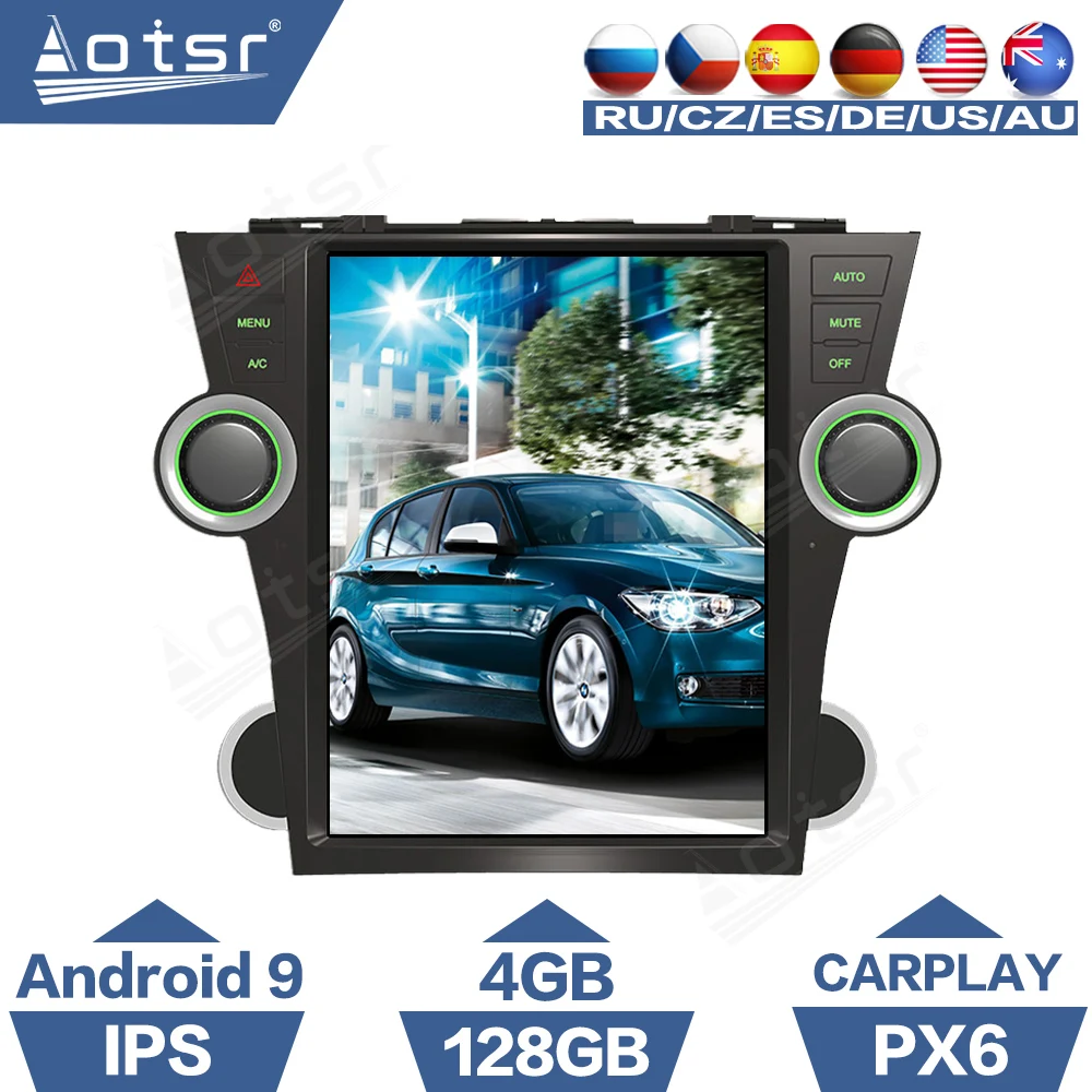 Автомобильный плеер Tesla Style на Android 9 PX6 для Toyota Highlander Kluger 2008-2014 GPS-навигация радио DSP