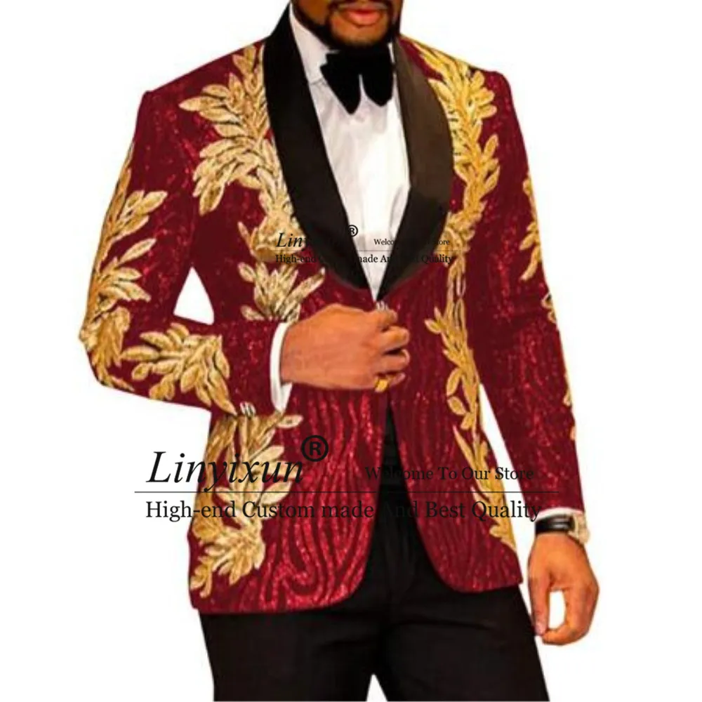 Mens Suit Slim Fit terno masculino Shiny Sequins Gold Applique Suits Men Prom Tuxedos Grooms Set 2 Pieces(Blazer + Pants) Costume Homme