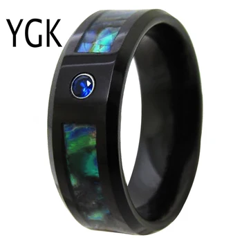 

Christmas Gift Anniversary Gift Alliances Rings for Women Black Tungsten Rings With Shell and Blue CZ Stone Engagement Ring